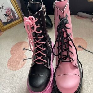 Club Exx Dolls Kill Black and Pink Combat Moto Boots with Chunky Sole